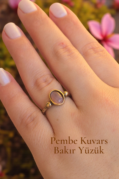NBS Beautiful Naturel Stones Bakır Gerçek Pembe Kuvars Yüzük Ayarlanabilir