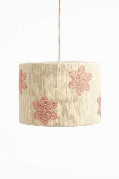 C&A&B KUZEY AVİZE Ekru Makrome Silindir Ip Sargılı Pembe Çiçek Aplikeli Kız Bebek Ve Çocuk Odası Sarkıt Avize