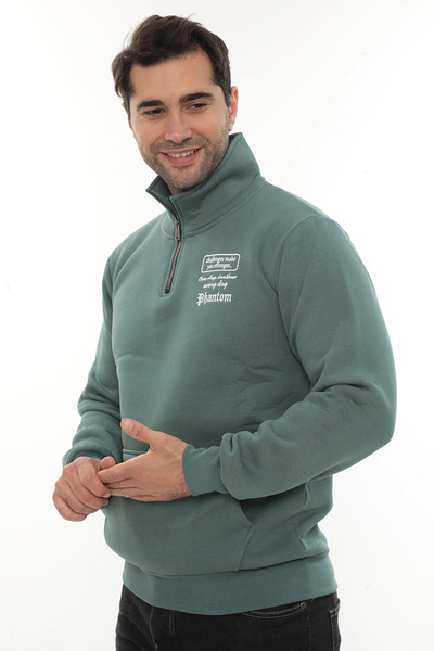 PHANTOM JEANS Ανδρικό φούτερ από βαμβάκι με μισό φερμουάρ και γιακά μπατό, κανονική εφαρμογή, κανονική εφαρμογή, με φλις εσωτερικά