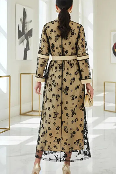 Muchmy Women 2 Pieces Abaya Dress Top Mesh Inner Dress Full Sleeves Belt Womens Arabic Long Abaya Set