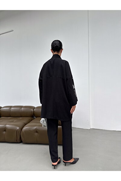 MİA NOURA Women's Kimono with Beaded Front and Sleeves, Velvet Fabric Kimono Pants Set