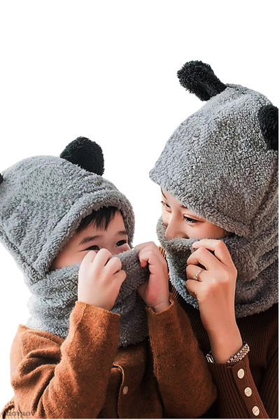 Nurnivus 2-4 Years Old Cute Panda Eared Children's Hooded Plush Beanie Welsoft Windproof Neck Collar Beanie