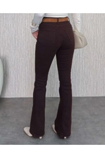 deqfashion Women's Bitter Brown High Waist Flared Jean Trousers