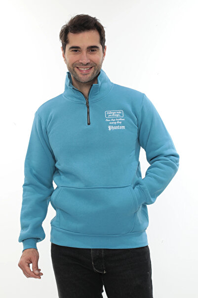 PHANTOM JEANS Ανδρικό φούτερ από βαμβάκι με μισό φερμουάρ και γιακά μπατό, κανονική εφαρμογή, κανονική εφαρμογή, με φλις εσωτερικά