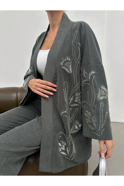 MİA NOURA Women's Kimono with Beaded Front and Sleeves, Velvet Fabric Kimono Pants Set