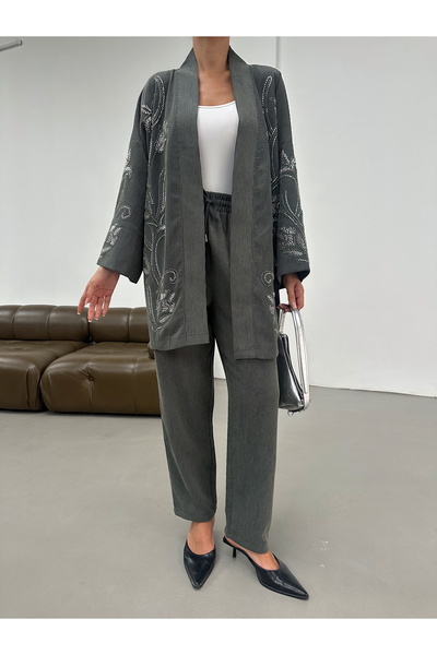 MİA NOURA Women's Kimono with Beaded Front and Sleeves, Velvet Fabric Kimono Pants Set