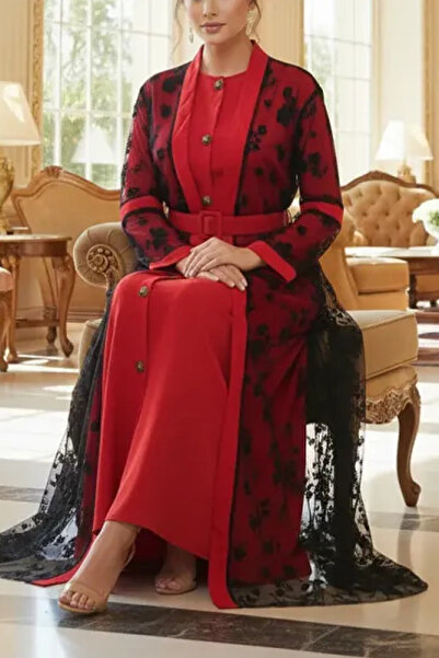 Muchmy Women 2 Pieces Abaya Dress Top Mesh Inner Dress Full Sleeves Belt Womens Arabic Long Abaya Set