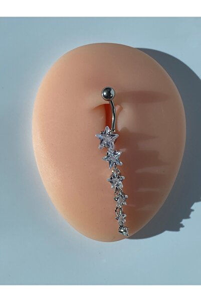 kurukafagift Çelik Göbek Piercing Sallantılı Uzun Zirkon Taşlı Yıldız Figürlü...