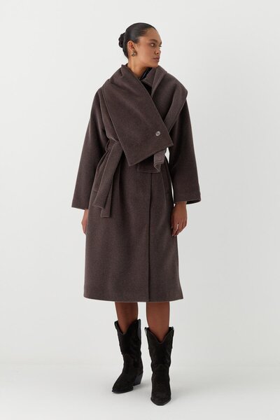 MARKALİSTE Long Cashmere Coat with Scarf Brown