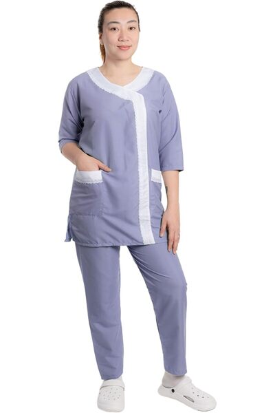 Generic Professional Housemaid Uniform Set, with White Trim, 3/4 Sleeve Top and Full-Length Trousers