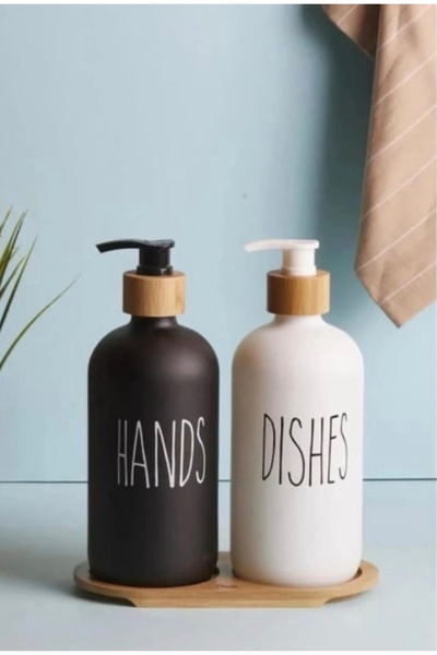 Hane216 2-Piece Black-White Liquid Soap Dispenser with Bamboo Stand 500 ml