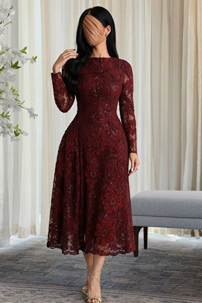 Liva Burgundy winter evening dress decorated with floral sequins
