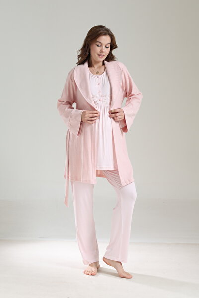PREGNANT WORLD Women's Pink Special Design Jacquard Shawl Collar Long Sleeve Winter Maternity Pajama Set