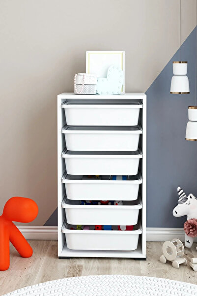 DEKOZUM KİDS 6 Sepetli Oyuncak Dolabı Organizer Saklama Depolama Box Beyaz-Beyaz