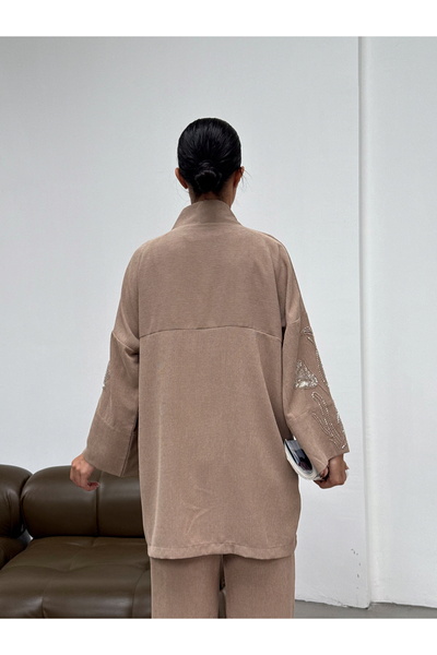 MİA NOURA Women's Kimono with Beaded Front and Sleeves, Velvet Fabric Kimono Pants Set