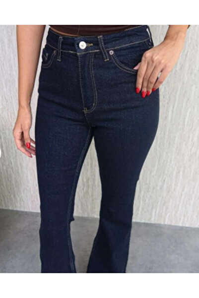 deqfashion Women's Dark Navy Blue High Waist Flared Jeans