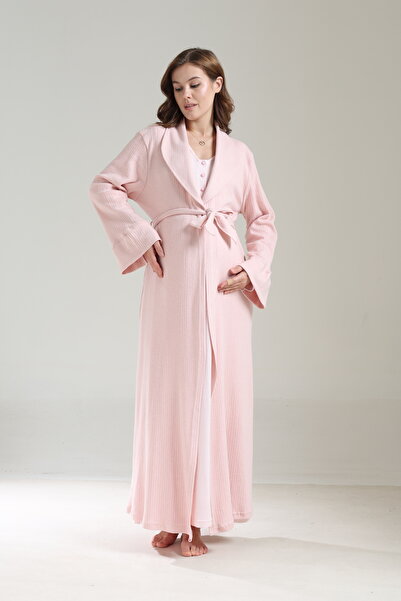 PREGNANT WORLD Women's Pink Special Design Jacquard Long Sleeve Full Length Winter Maternity Dressing Gown Nightgown Set