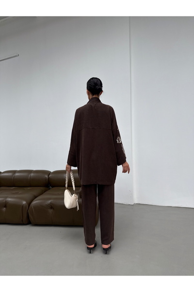 MİA NOURA Women's Kimono with Beaded Front and Sleeves, Velvet Fabric Kimono Pants Set