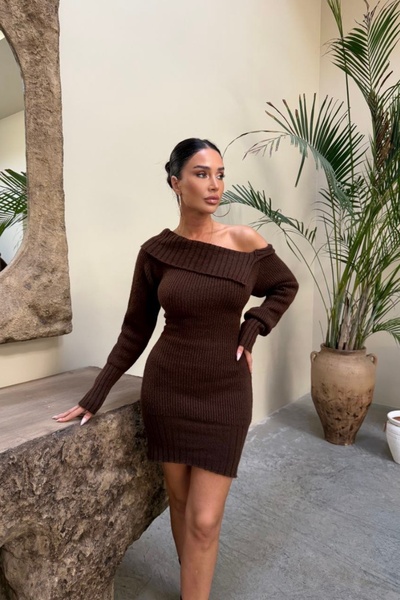 Auroveen Basic Geniş Kat Yaka Fit Model Triko Mini Elbise AV3912