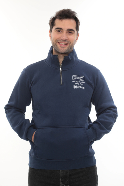 PHANTOM JEANS Ανδρικό μπλουζάκι μπλε Standard Fit κανονικής εφαρμογής με φλις εσωτερικά, μισό φερμουάρ, όρθιο γιακά και βαμβακερή επένδυση