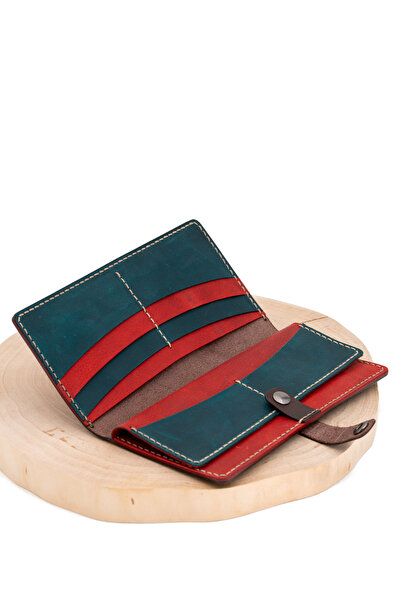 tudorAce Women's tall wallet, brown genuine leather, 20x10 cm, red & petrol green interior