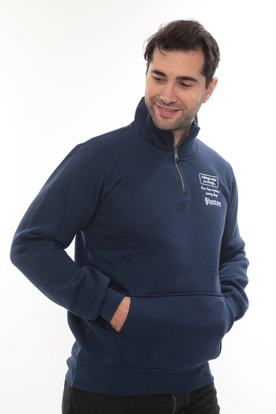 PHANTOM JEANS Ανδρικό μπλουζάκι μπλε Standard Fit κανονικής εφαρμογής με φλις εσωτερικά, μισό φερμουάρ, όρθιο γιακά και βαμβακερή επένδυση