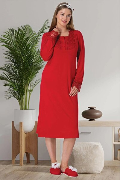 PREGNANT WORLD Women's Red Special Design Lace Detailed Long Sleeve Maternity Nightgown