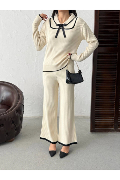 Lusin Women's Ecru Bow Detailed Corded Fabric Piece Stylish Knitwear Set