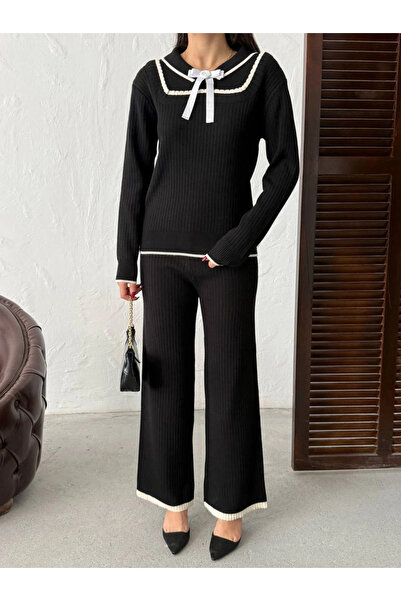 Lusin Women's Black Bow Detailed Corded Fabric Piece Stylish Knitwear Set