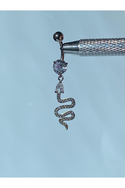 kurukafagift Göbek Çelik Piercing Sallantılı Yılan Figürlü Damla Taşlı
