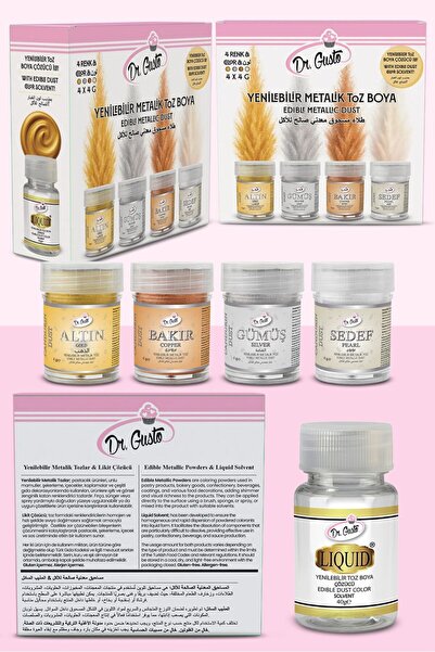 Dr. Gusto Yenilebilir Metalik Toz Gıda Boyası 4GR 4'lü Altın,Gümüş,Bakır, Set 40 GR Likit Açıcı Hediyeli