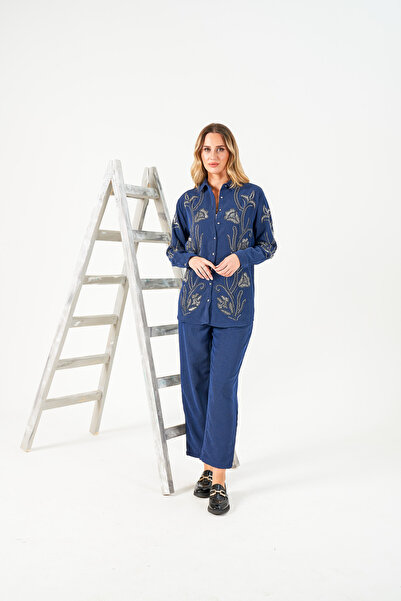 MİA NOURA Women's Velvet Shirt and Pants Set with Beaded Embroidery on the Front and Sleeves