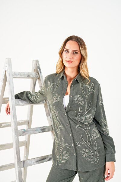 MİA NOURA Women's Velvet Shirt and Pants Set with Beaded Embroidery on the Front and Sleeves