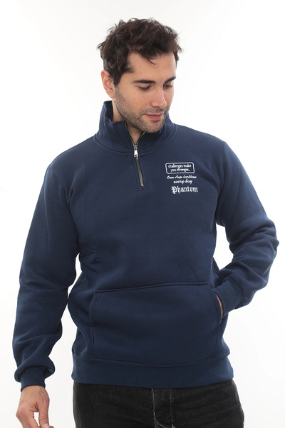 PHANTOM JEANS Ανδρικό μπλουζάκι μπλε Standard Fit κανονικής εφαρμογής με φλις εσωτερικά, μισό φερμουάρ, όρθιο γιακά και βαμβακερή επένδυση