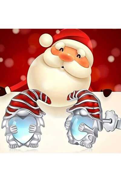 sarıyer silver Christmas Themed Heart-Shaped Stone Santa Claus Steel Screw Earrings Daily New Year Concept Earrings