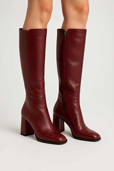 ÜNAL ÖZER Cizme clasice cu toc de lungime medie, piele burgundă, pentru femei, UN001-0131