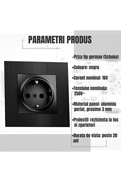 OEM Schuko socket 16A 250V, black aluminum frame, fireproof ABS, TR child protection, mounting box Ø63 mm