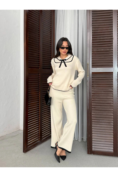 Lusin Women's Ecru Bow Detailed Corded Fabric Piece Stylish Knitwear Set