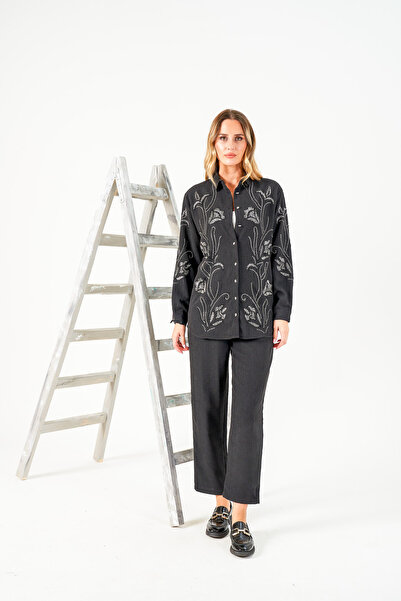 MİA NOURA Women's Velvet Shirt and Pants Set with Beaded Embroidery on the Front and Sleeves