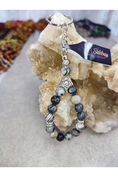 ŞAHBEY TESBİH سلسلة مفاتيح من حجر الجاسبر الرمادي الطبيعي