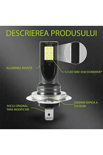 DOMDRIVE Set of 2 H7 car bulbs, 12 LED/BEC, 100W set, White light 6500k, super slim without fan or cable