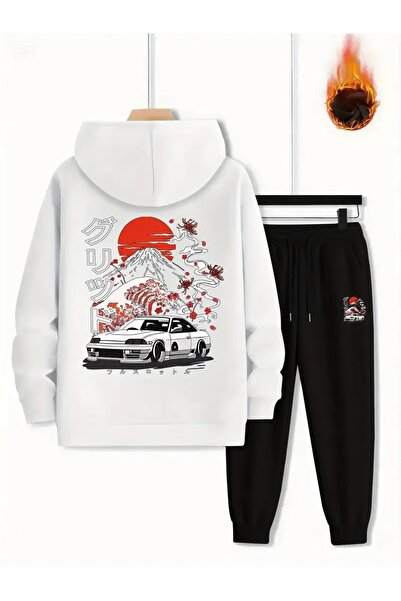 Massgai Unisex Car Fuji Mountain Printed Hooded Oversized Bottom-Top Set Cotton Tracksuit Set