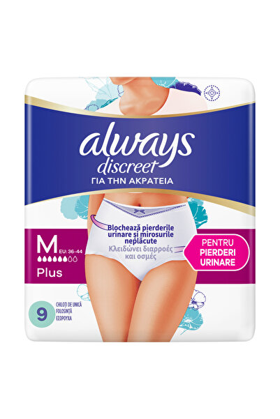 Always Chiloți Discreet Plus pentru incontinență urinară, 6 picături, mărimea M, 9 bucăți,