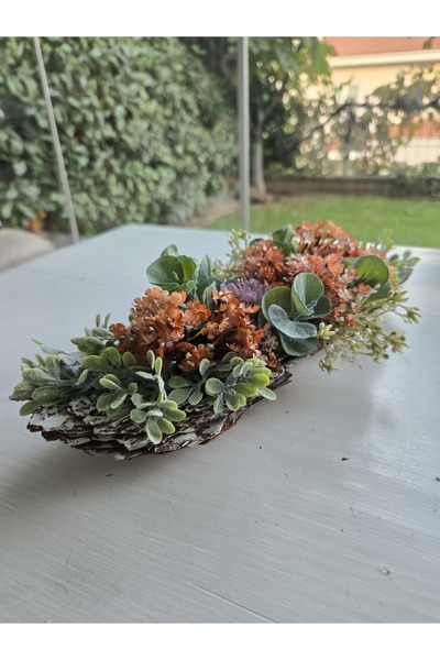 Decoroon El Yapımı Doğal Ağaç Kabuğu Üzeri Yapay Turuncu Çiçek Dekor – Masa Ü...