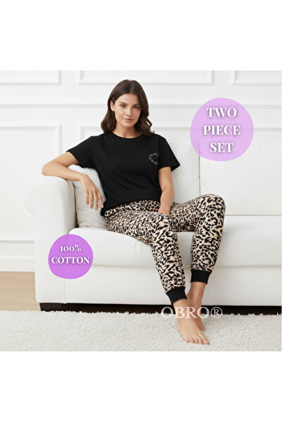 OBRO Women’s Homewear Set – Leopard Pajamas, 100% Soft Cotton, Comfortable Two-Piece Outfit