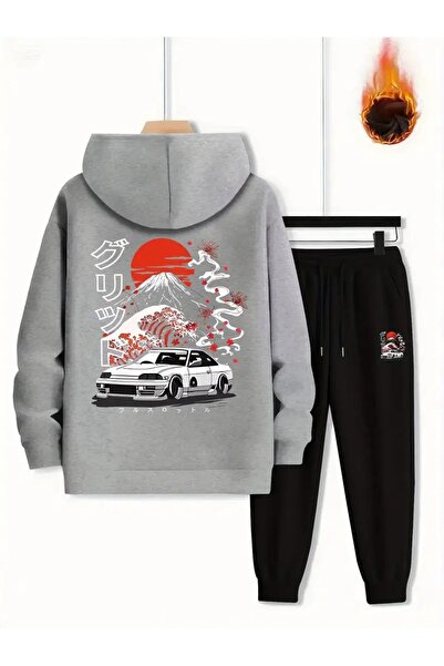 Massgai Unisex Car Fuji Mountain Printed Hooded Oversized Bottom-Top Set Cotton Tracksuit Set