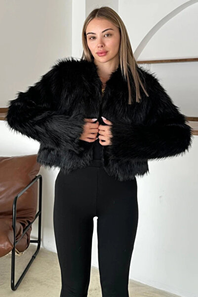Lusin Women's Black Premium Quality Lined Short Fur Coat