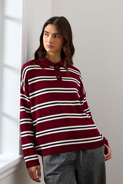 Ceylan Otantik Burgundy Button Detail Knitwear Sweater