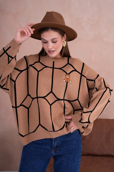 Noi Belis Oversized Teddy Bear Ethnic Patterned Knitwear Sweater Aw25Kz0078