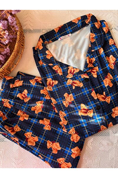 inspira lingerie Women's Teddy Bear Patterned Buttoned Collar Pajama Set